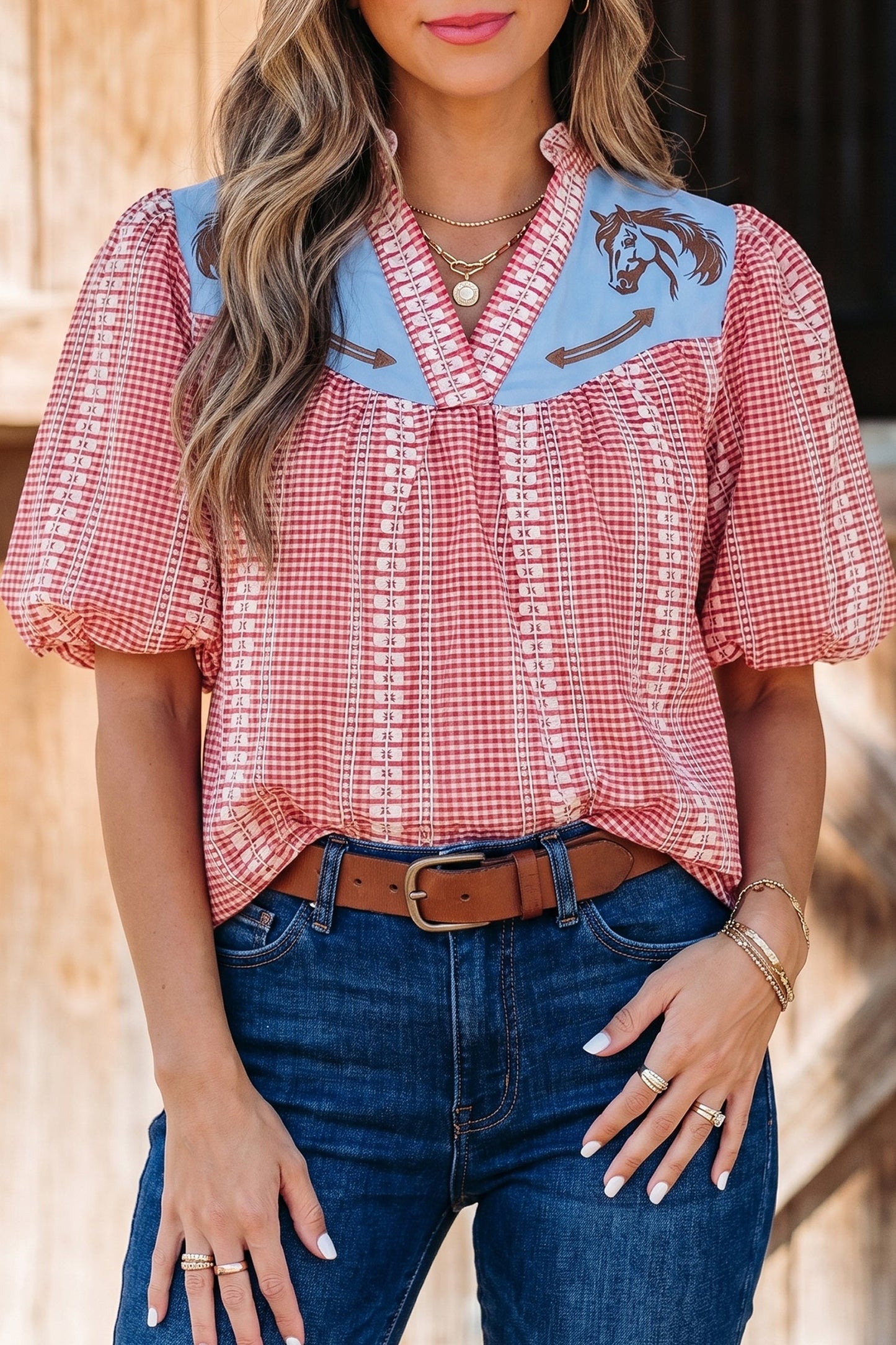 Western Pony Embroidered Gingham Puff Sleeve Blouse