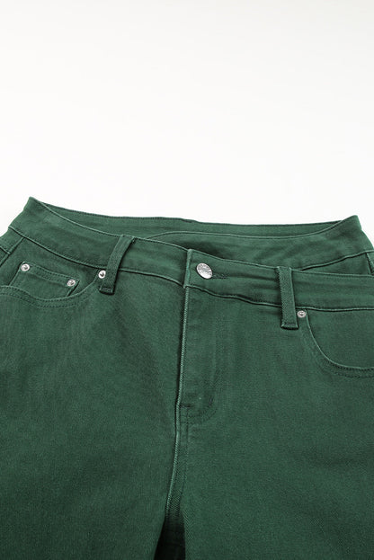 Solid Denim Crossed Waist Raw Hem Jeans