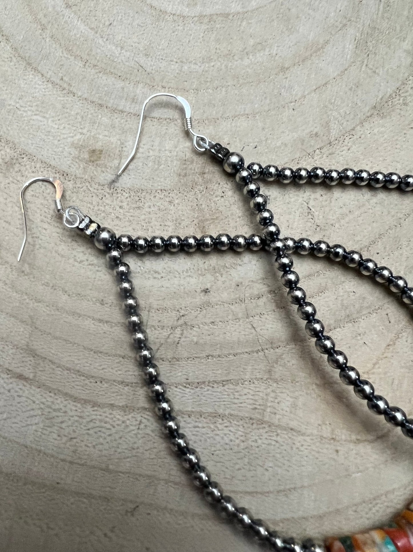 3mm Sterling Silver Pearl Teardrop with Orange Spiny Oyster/Turquoise Earrings - 4 inch drop