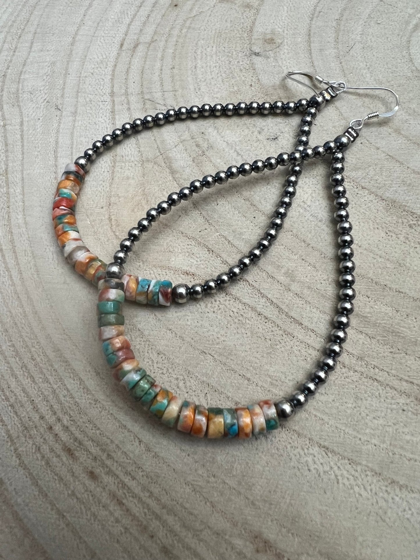 3mm Sterling Silver Pearl Teardrop with Orange Spiny Oyster/Turquoise Earrings - 4 inch drop