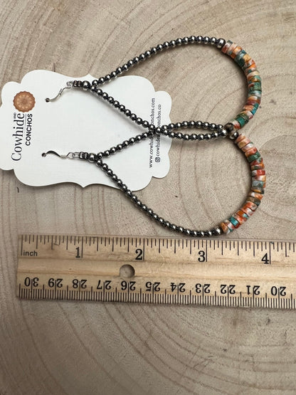 3mm Sterling Silver Pearl Teardrop with Orange Spiny Oyster/Turquoise Earrings - 4 inch drop