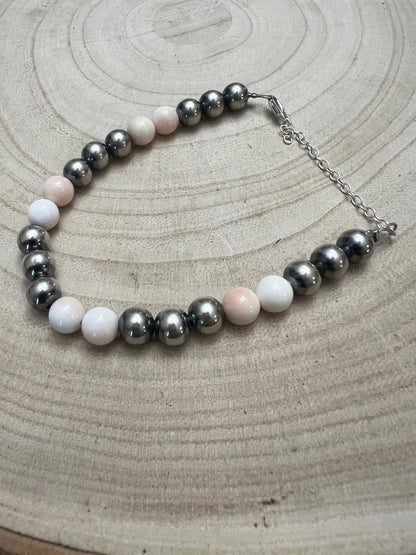 8mm Sterling Silver Pearls bracelet with pink conch beads - 6 inch bracelet