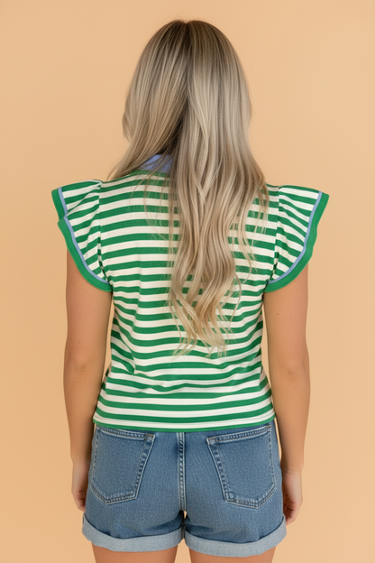 Stripe Contrast Trim Polo Collar Ruffle Sleeve Blouse