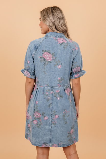 Floral Denim Short Sleeve Button Down Dress