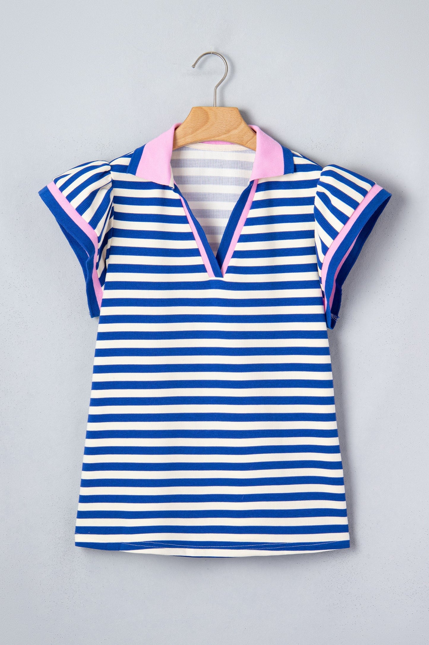 Stripe Contrast Trim Polo Collar Ruffle Sleeve Blouse