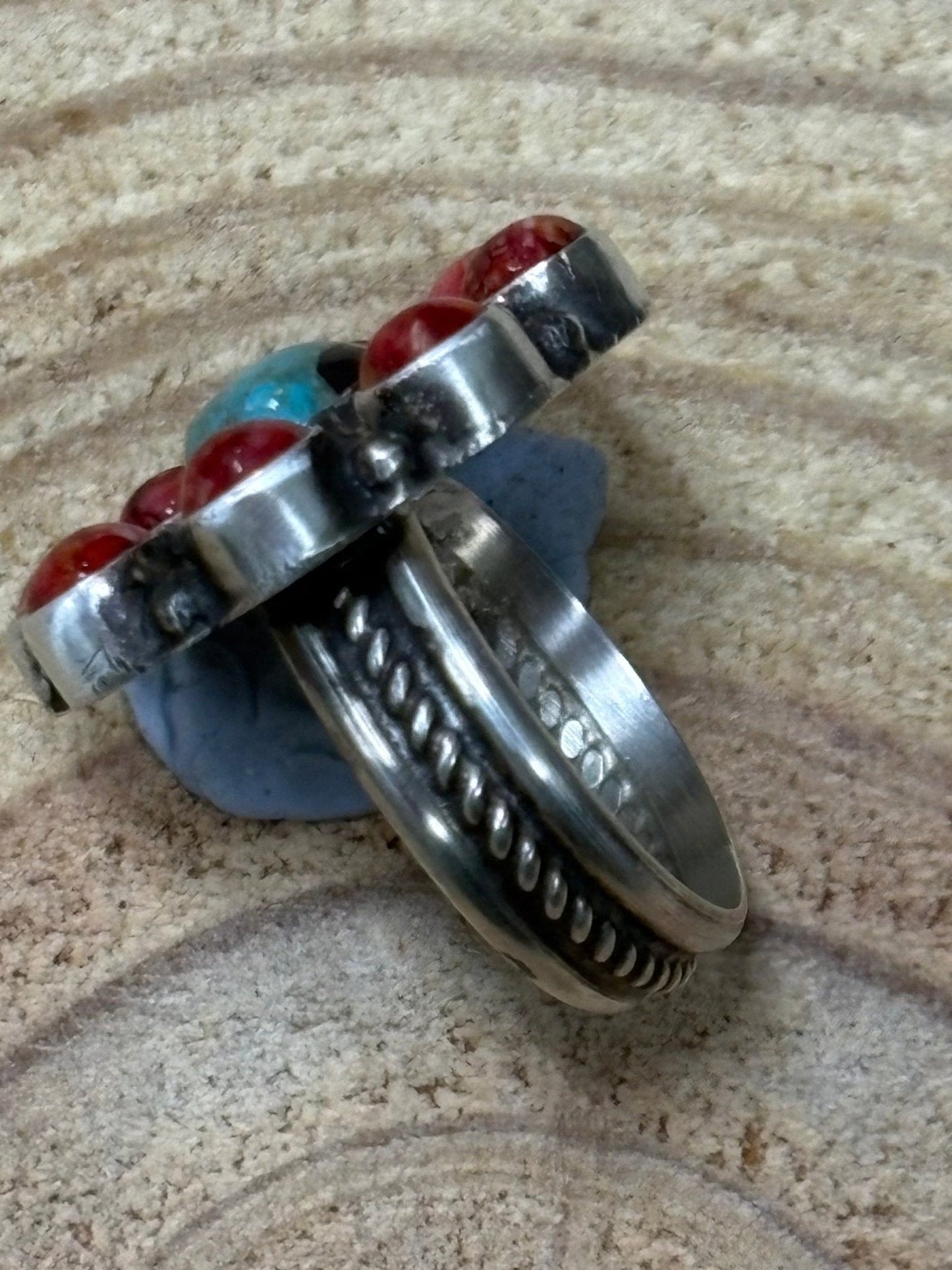 Devin Brown Navajo Handmade Sterling Silver Coral/Turquoise Adjustable Ring - Size 7.5 - 9