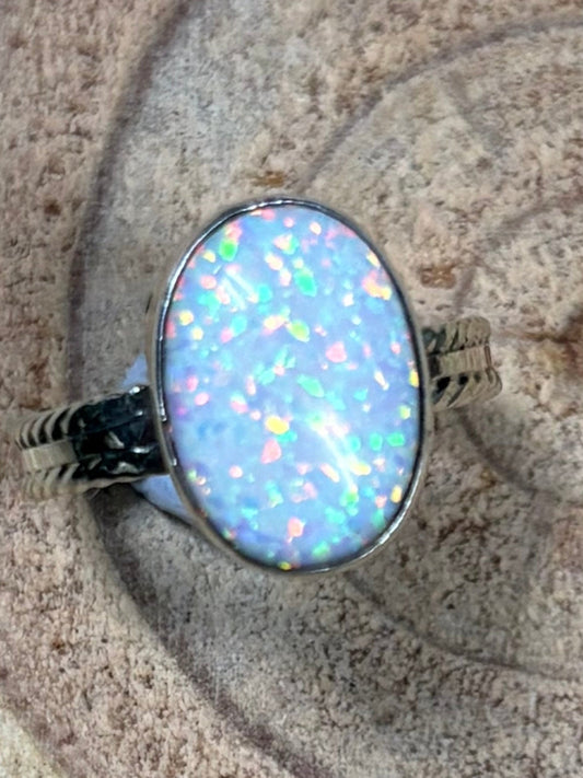Isabelle Yazzie Navajo Handmade Sterling Silver Opal Ring - Size 7