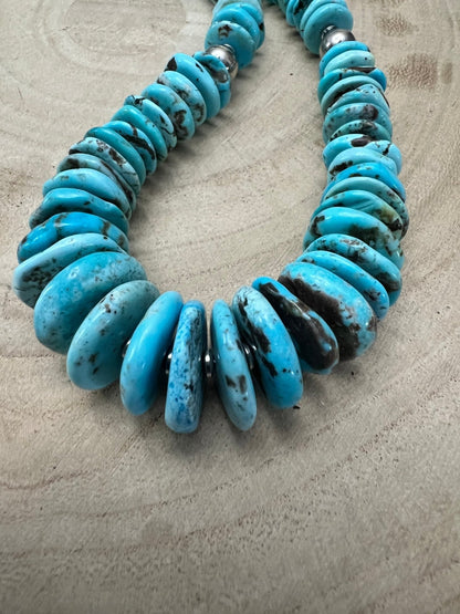 Light Blue Turquoise Graduated Necklace with Sterling Silver Pearls & Hematite – 23 inch