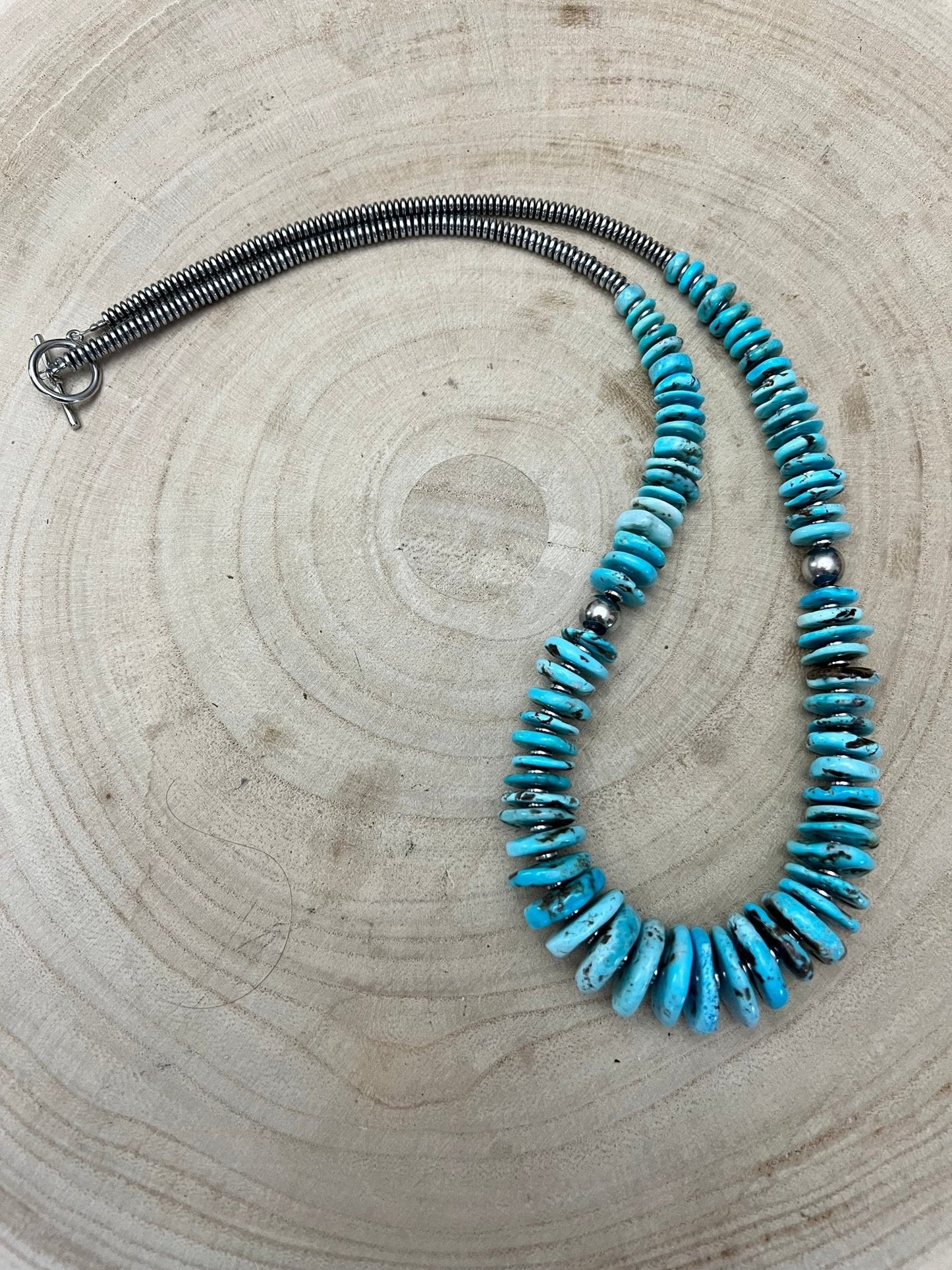 Light Blue Turquoise Graduated Necklace with Sterling Silver Pearls & Hematite – 23 inch