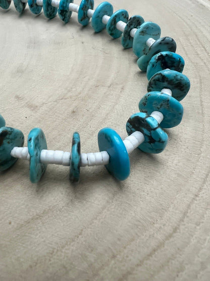 Long Blue Disk Turquoise Necklace - 26 inch