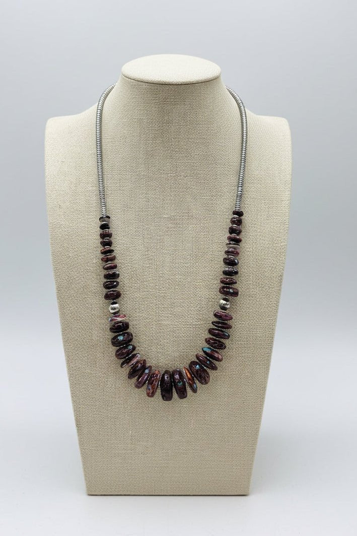 Purple spiny oyster and turquoise graduated & shell necklace - 23 inch