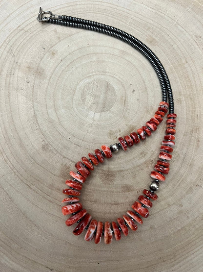 Red Spiny Oyster & Black Hematite Necklace – 23.5 inch